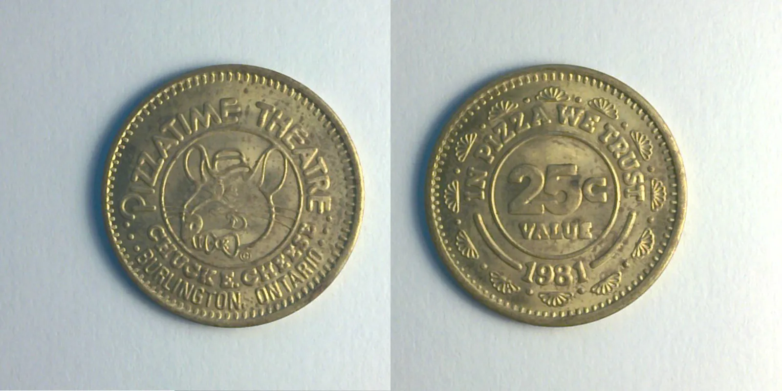 Chuck E. Cheese 154B 1981 Chuck E Cheese Token (154B) (1981) token — front and reverse