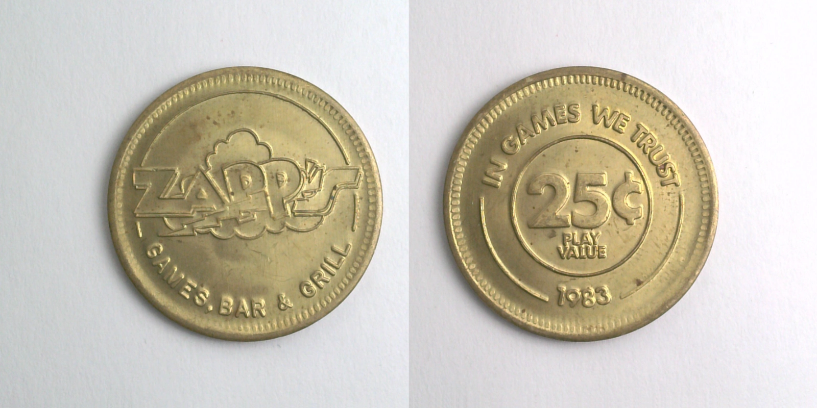 Zapp's Games, Bar & Grill ZAP101B 1983 Zapp's Games, Bar & Grill Token (ZAP101B) (1983) token — front and reverse