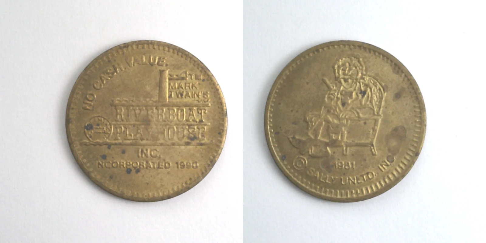Mark Twain's Riverboat Playhouse MT102B Mark Twain's Riverboat Playhouse Token (MT102B) token — front and reverse