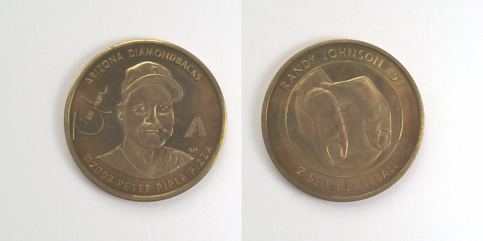 Peter Piper Pizza P501B PPP Randy Johnson 2-Seam Fastball Token (P501B) (2003) token — front and reverse