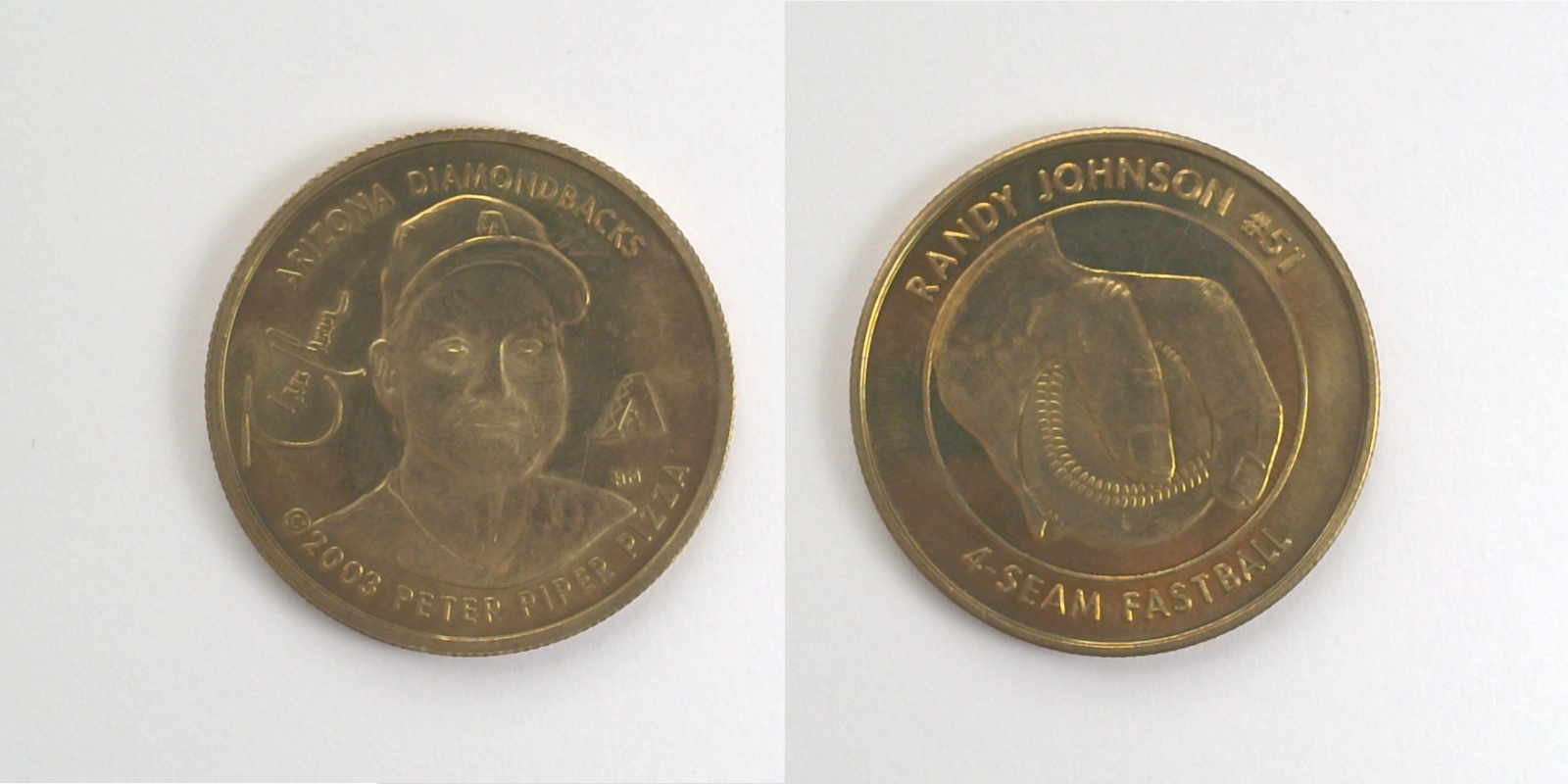 Peter Piper Pizza P502B PPP Randy Johnson 4-Seam Fastball Token (P502B) (2003) token — front and reverse