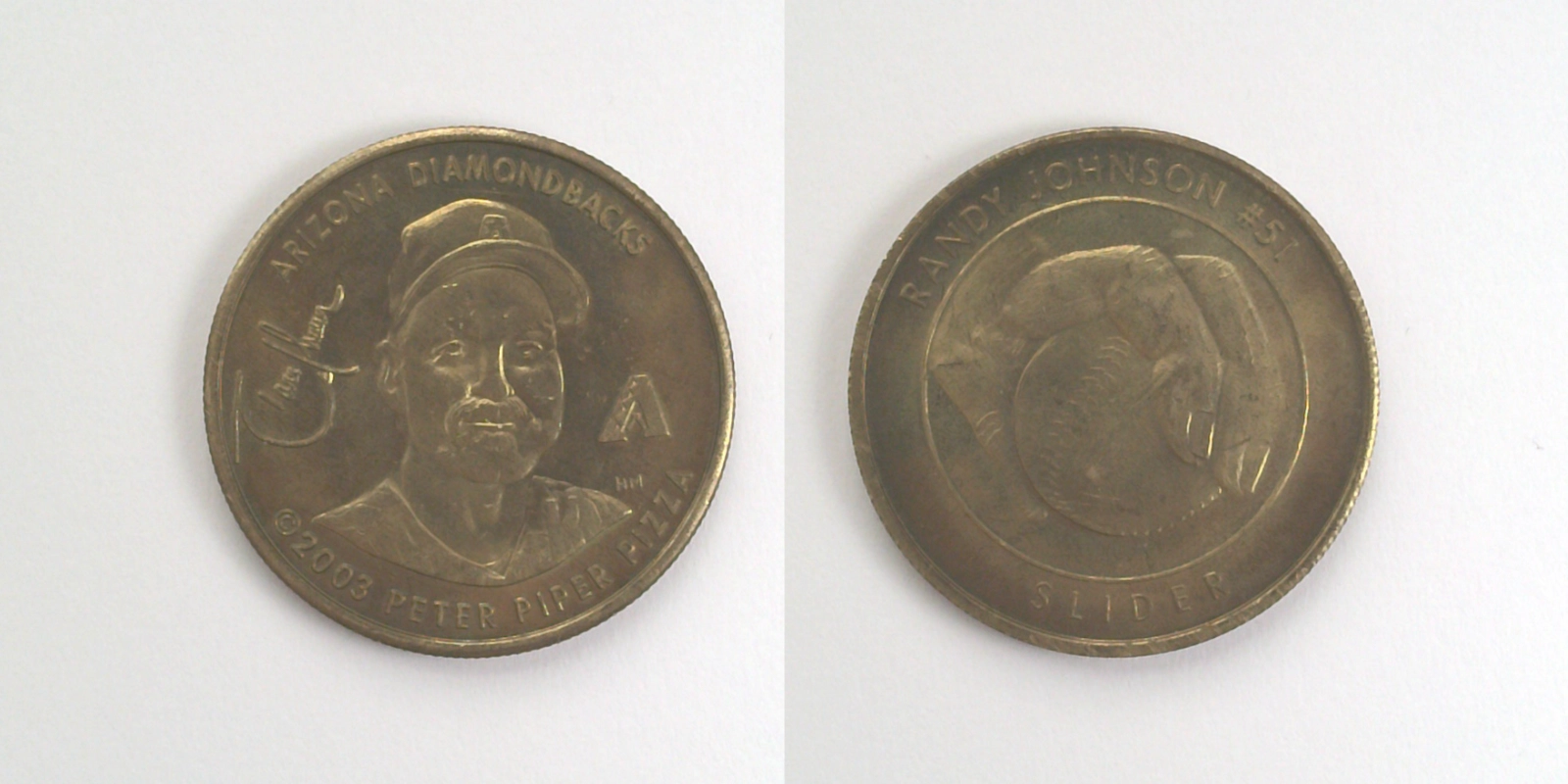 Peter Piper Pizza P504B PPP Randy Johnson Slider Token (P504B) (2003) token — front and reverse
