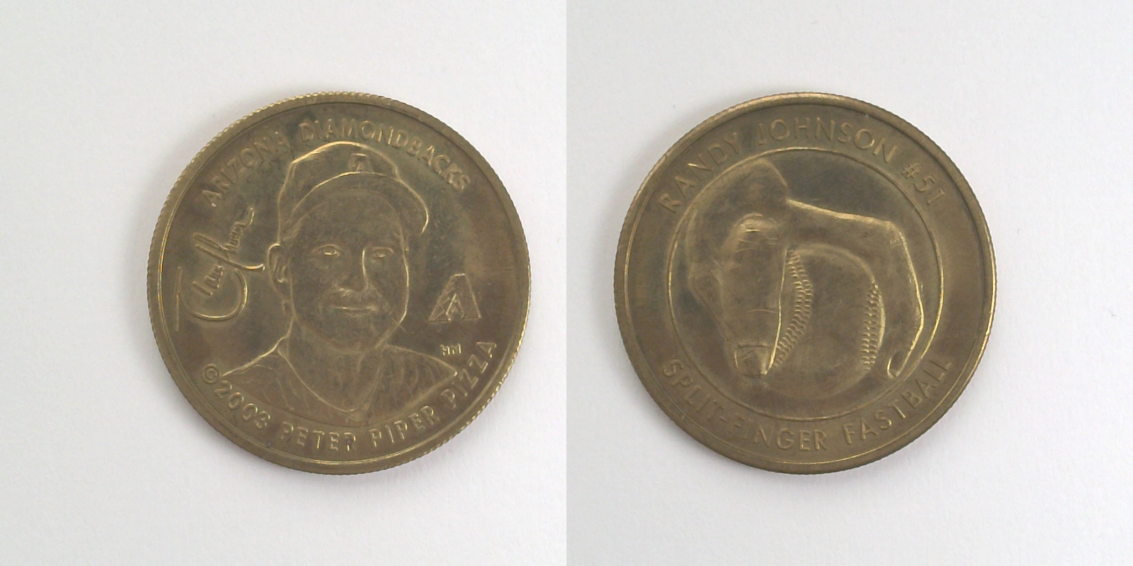 Peter Piper Pizza P503B PPP Randy Johnson Split-Finger Fastball Token (P503B) (2003) token — front and reverse