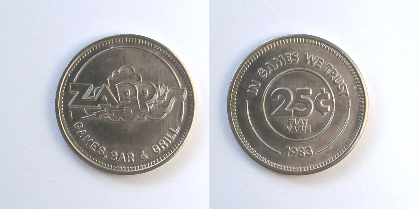 Zapp's Games, Bar & Grill ZAP101N 1983 Zapp's Games, Bar & Grill Token (ZAP101N) (1983) token — front and reverse