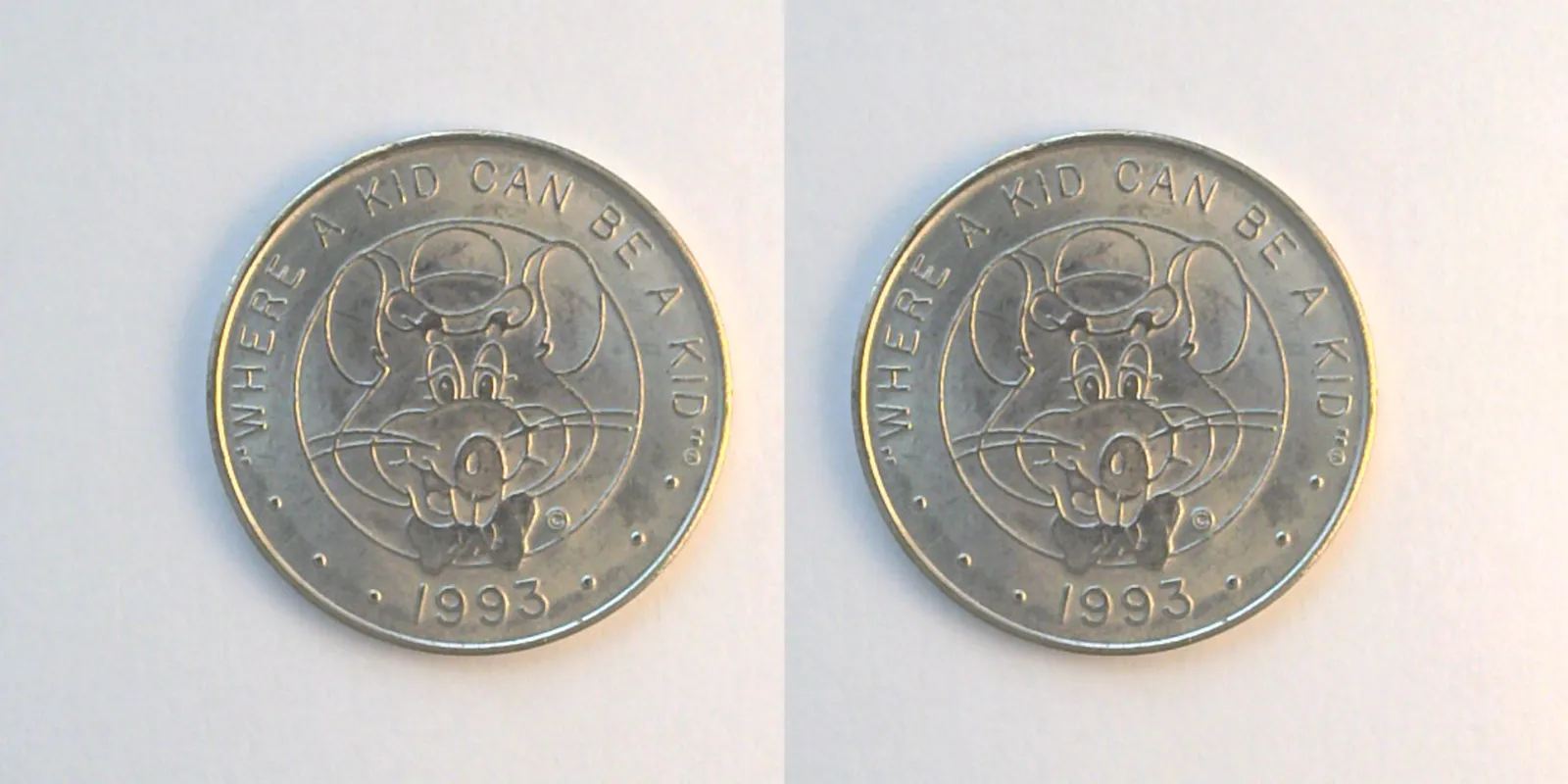 Chuck E. Cheese 312N 1993 Chuck E Cheese Token (312N) (1993) token — front and reverse