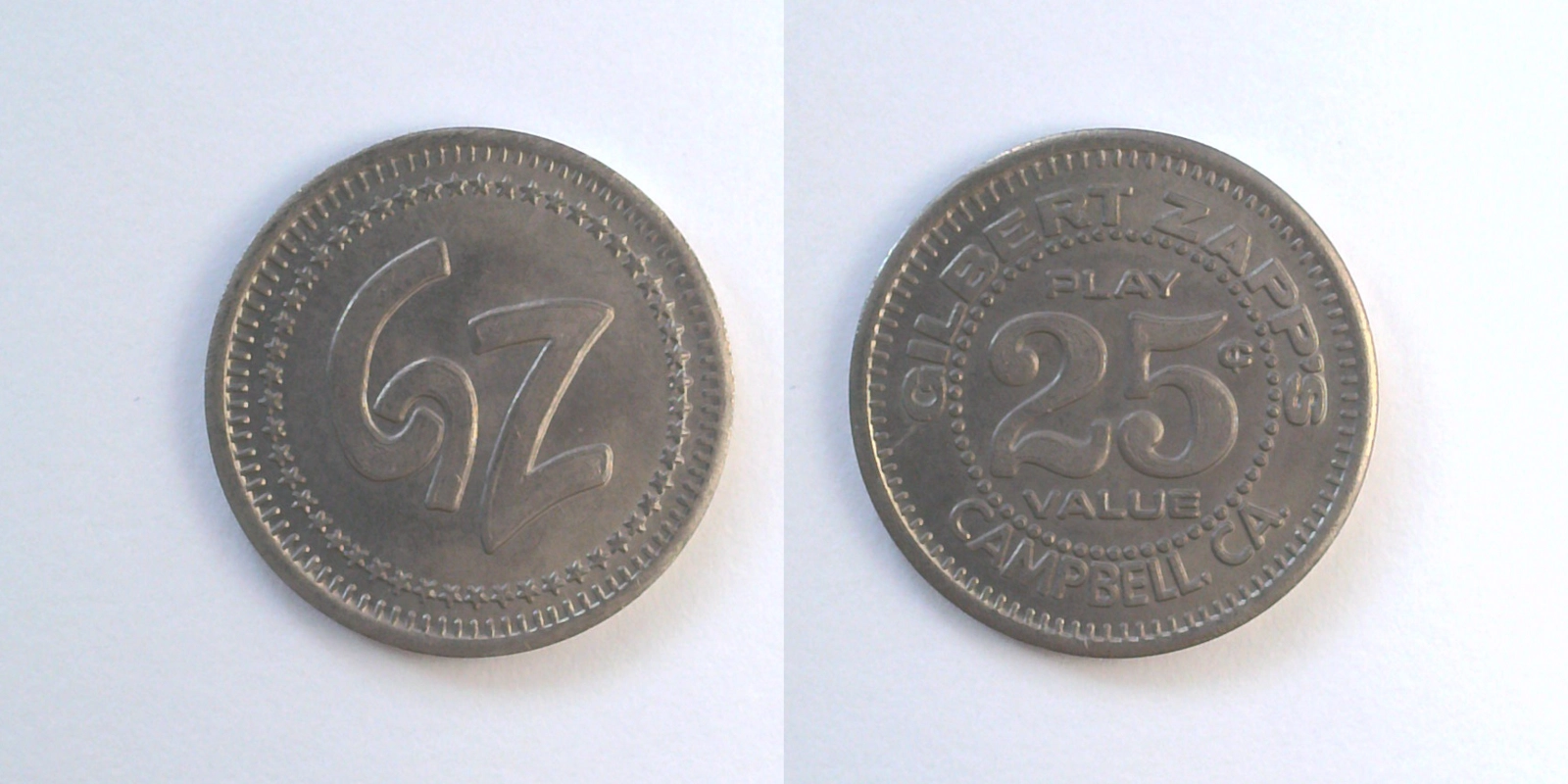 Zapp's Games, Bar & Grill ZAP102N Gilbert Zapp's Token (ZAP102N) token — front and reverse