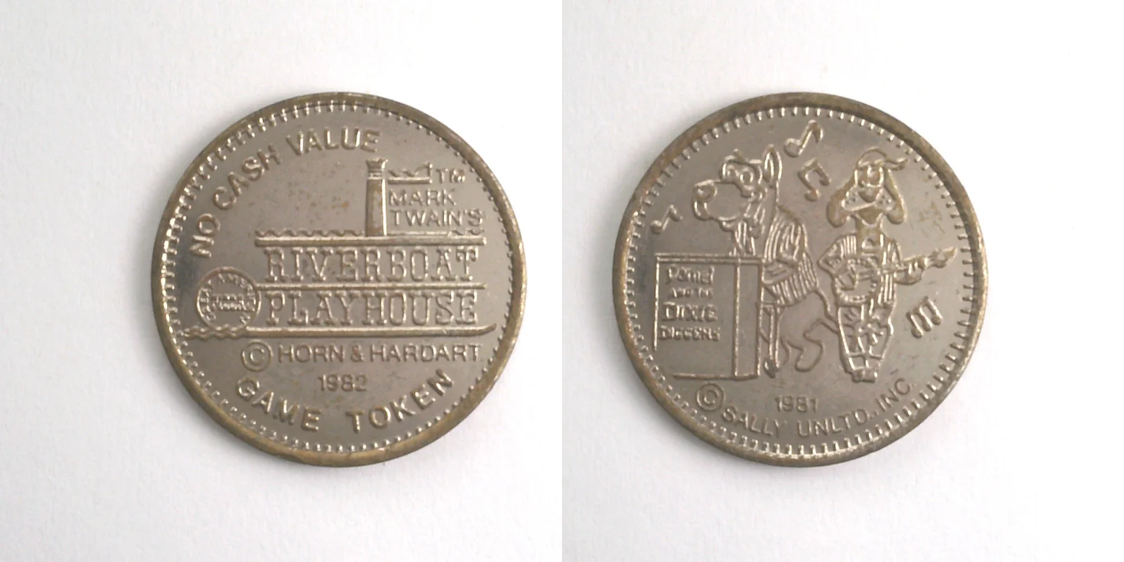 Mark Twain's Riverboat Playhouse MT103N Mark Twain's Riverboat Playhouse Token (MT103N) token — front and reverse