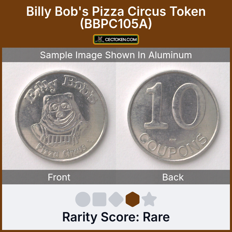 Billy Bob's Pizza Circus BBPC105A Billy Bob's Pizza Circus Token (BBPC105A) — sample listing image