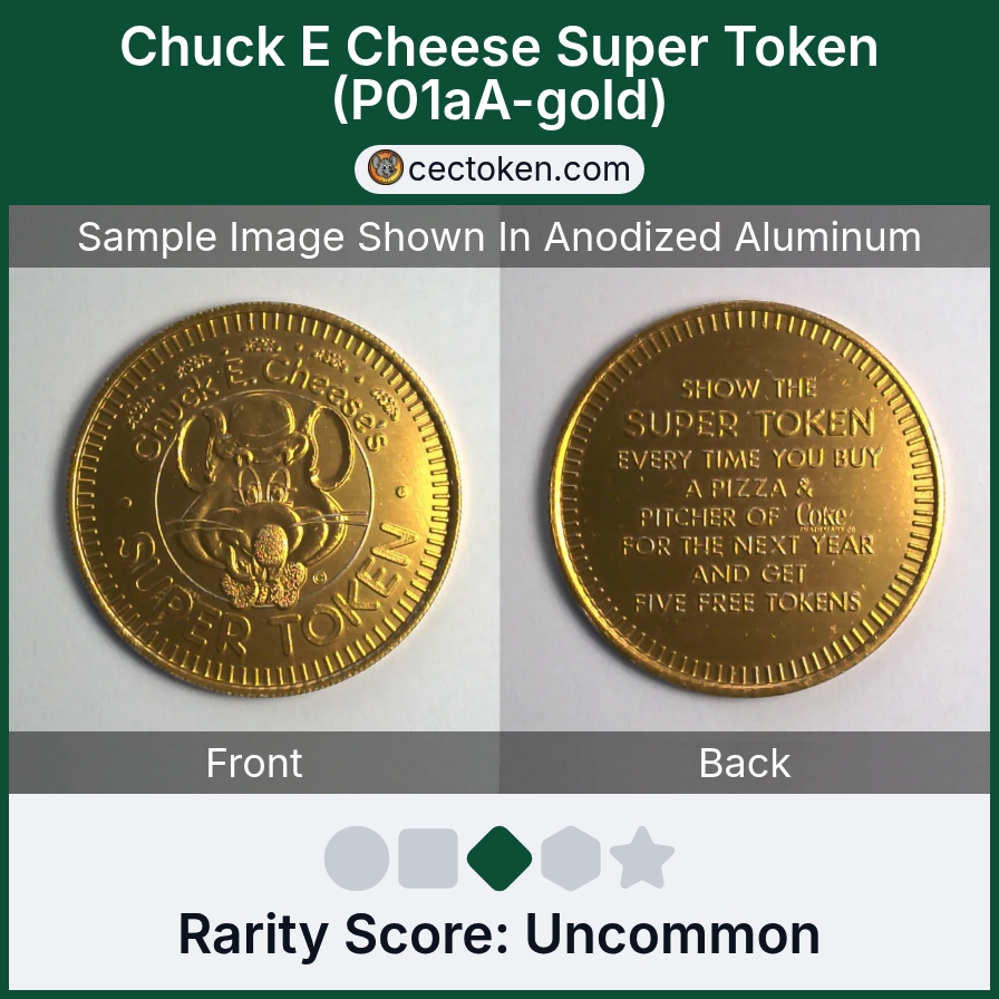 Chuck E. Cheese P01aA-gold Chuck E Cheese Super Token (P01aA-gold) — sample listing image