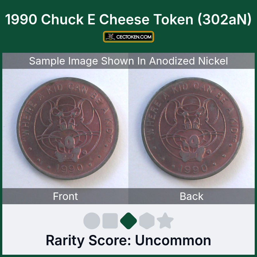 Chuck E. Cheese 302aN 1990 Chuck E Cheese Token (302aN) — sample listing image