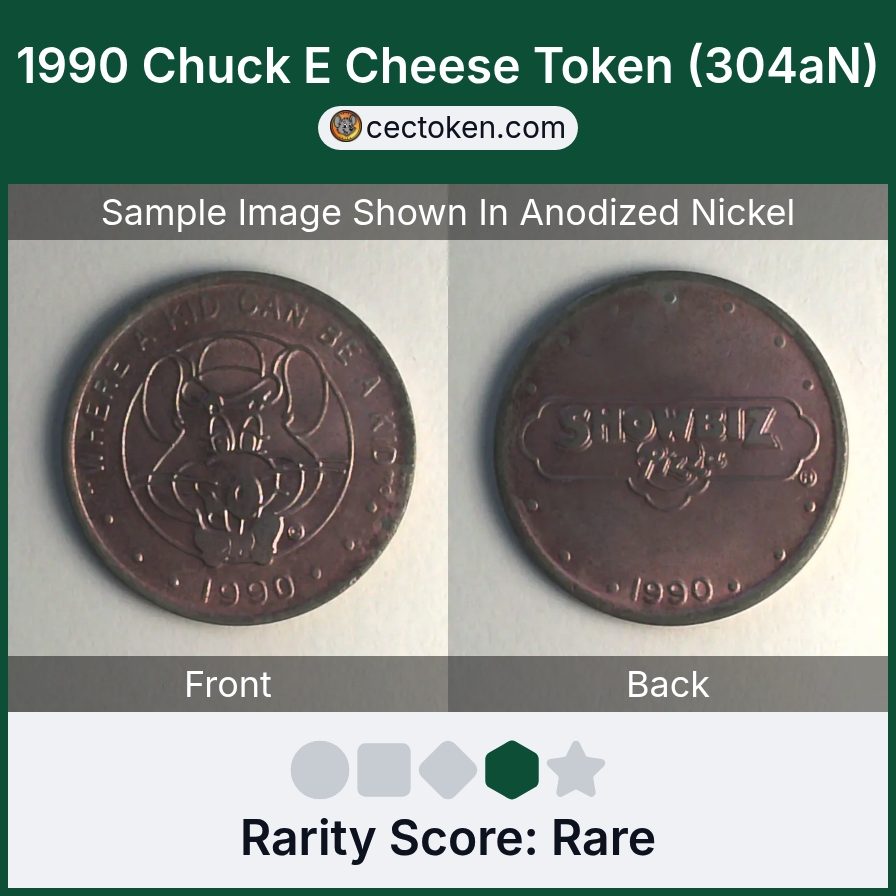 Chuck E. Cheese 304aN 1990 Chuck E Cheese Token (304aN) — sample listing image