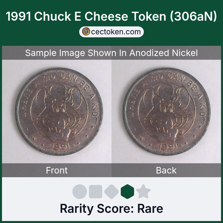 Chuck E. Cheese 306aN 1991 Chuck E Cheese Token (306aN) — sample listing image