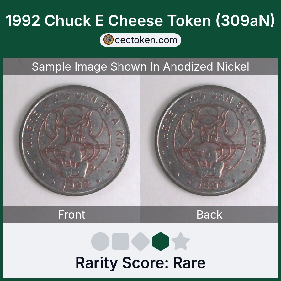 Chuck E. Cheese 309aN 1992 Chuck E Cheese Token (309aN) — sample listing image