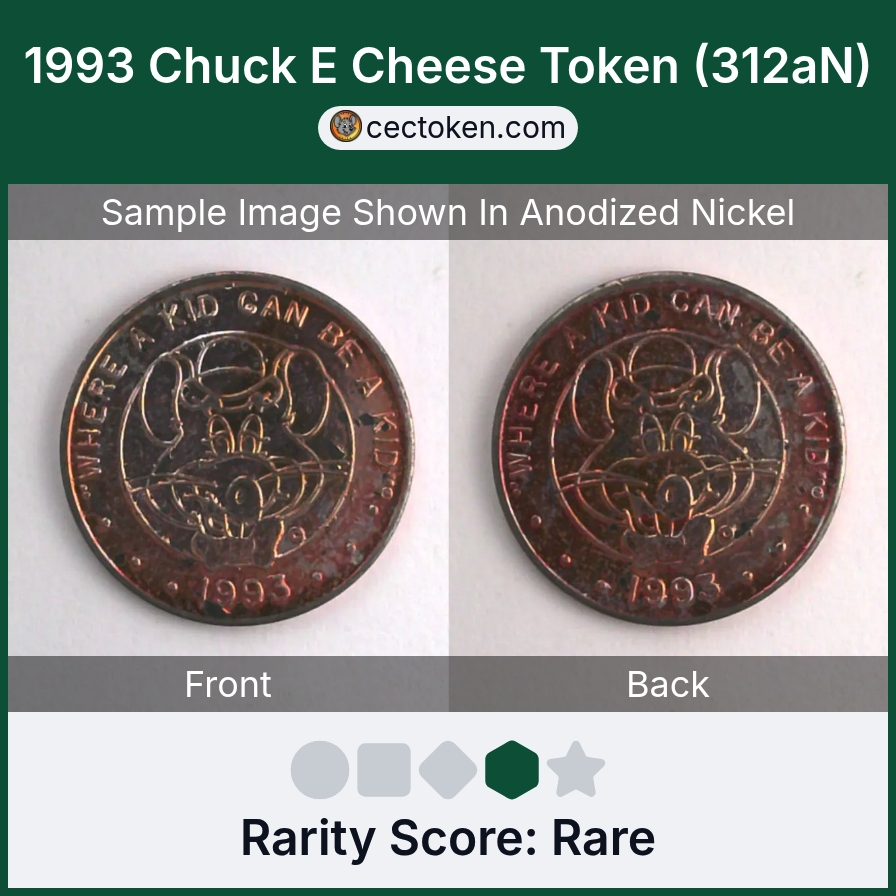 Chuck E. Cheese 312aN 1993 Chuck E Cheese Token (312aN) — sample listing image