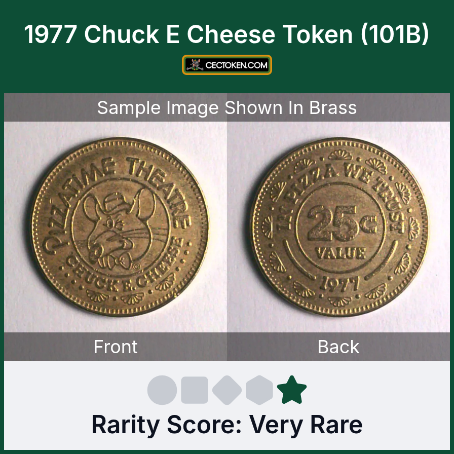 Chuck E. Cheese 101B 1977 Chuck E Cheese Token (101B) — sample listing image