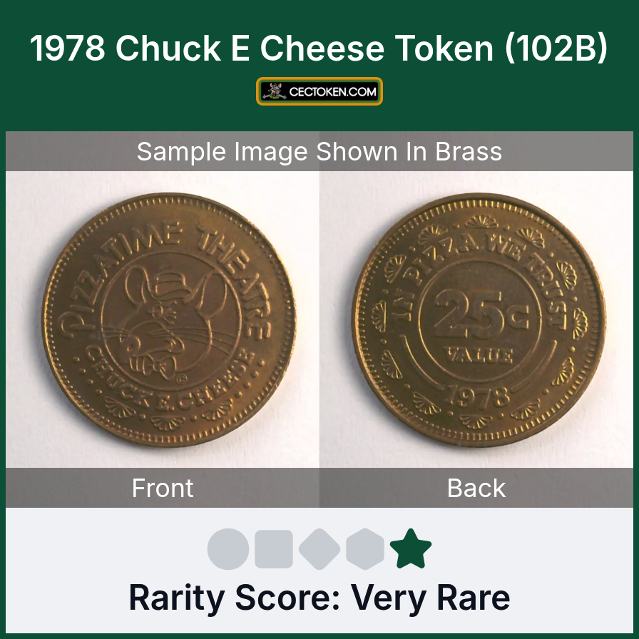 Chuck E. Cheese 102B 1978 Chuck E Cheese Token (102B) — sample listing image