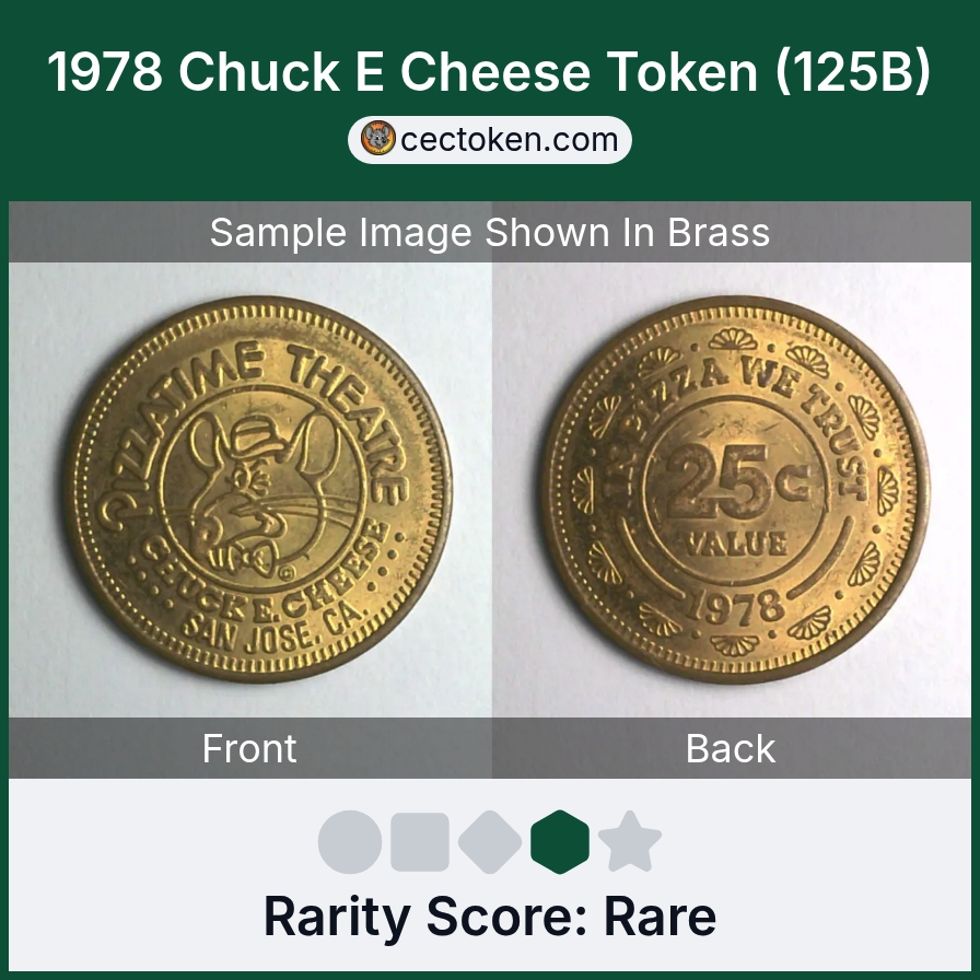 Chuck E. Cheese 125B 1978 San Jose Chuck E Cheese Token (125B) — sample listing image