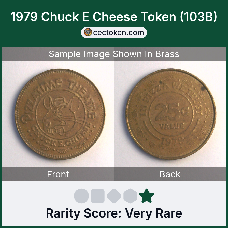 Chuck E. Cheese 103B 1979 Chuck E Cheese Token (103B) — sample listing image