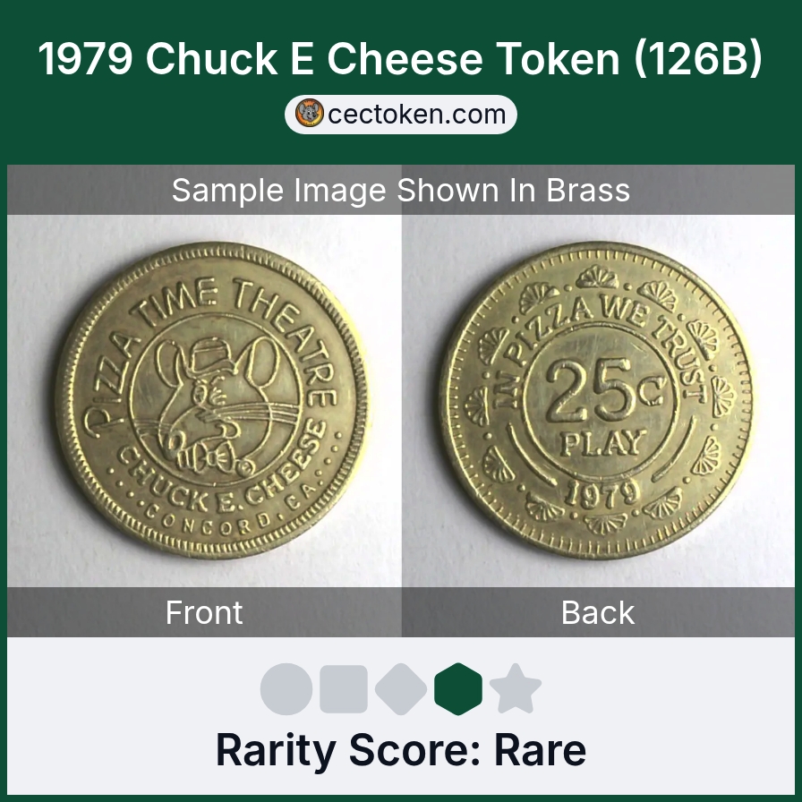 Chuck E. Cheese 126B 1979 Concord Chuck E Cheese Token (126B) — sample listing image