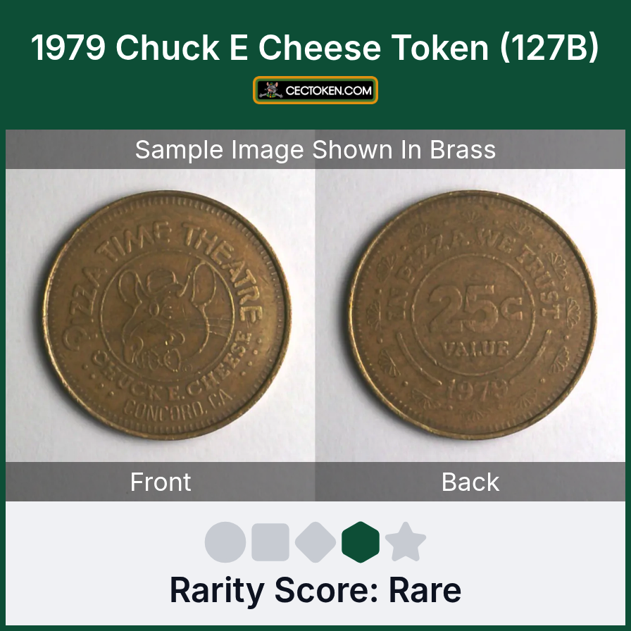 Chuck E. Cheese 127B 1979 Concord Chuck E Cheese Token (127B) — sample listing image