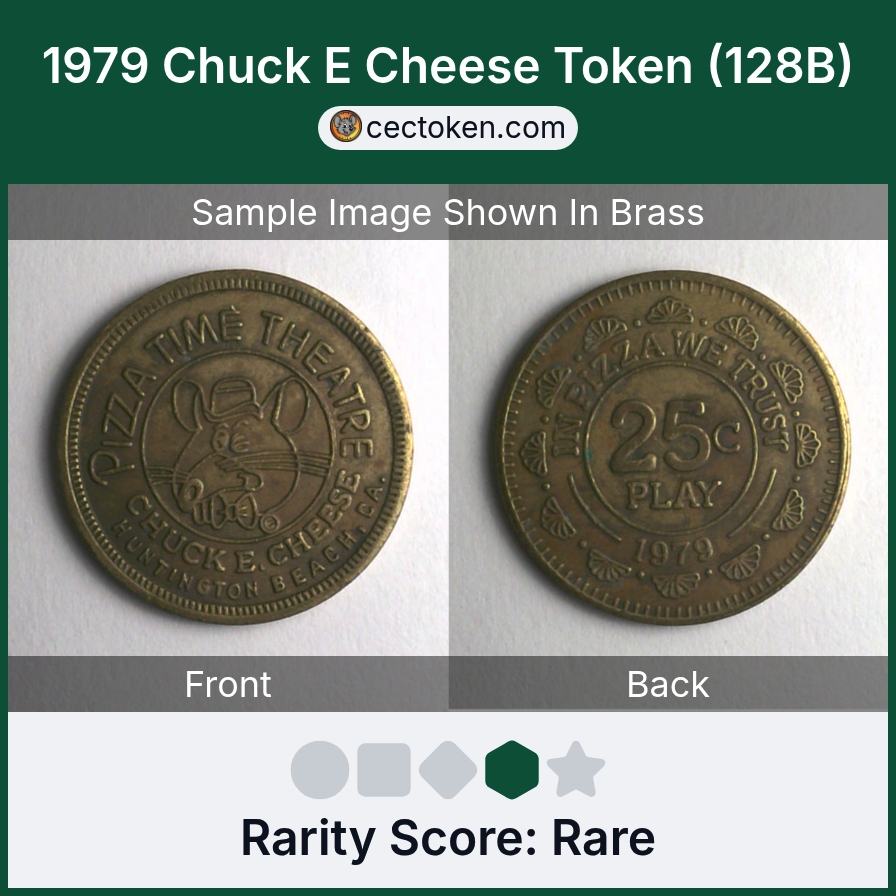 Chuck E. Cheese 128B 1979 Huntington Beach Chuck E Cheese Token (128B) — sample listing image