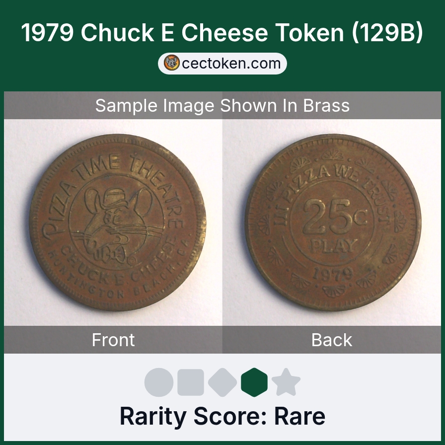 Chuck E. Cheese 129B 1979 Huntington Beach Chuck E Cheese Token (129B) — sample listing image