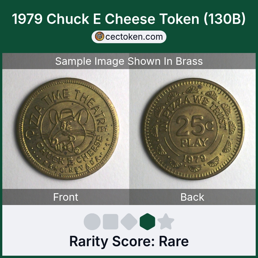 Chuck E. Cheese 130B 1979 Reno Chuck E Cheese Token (130B) — sample listing image