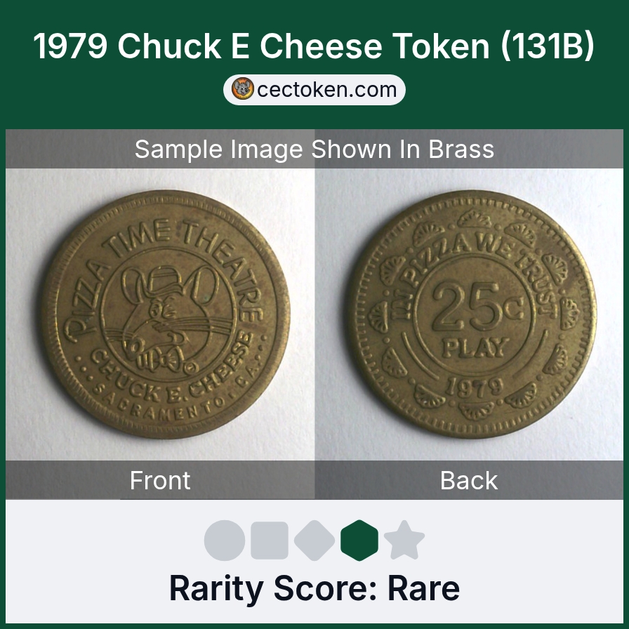 Chuck E. Cheese 131B 1979 Sacramento Chuck E Cheese Token (131B) — sample listing image