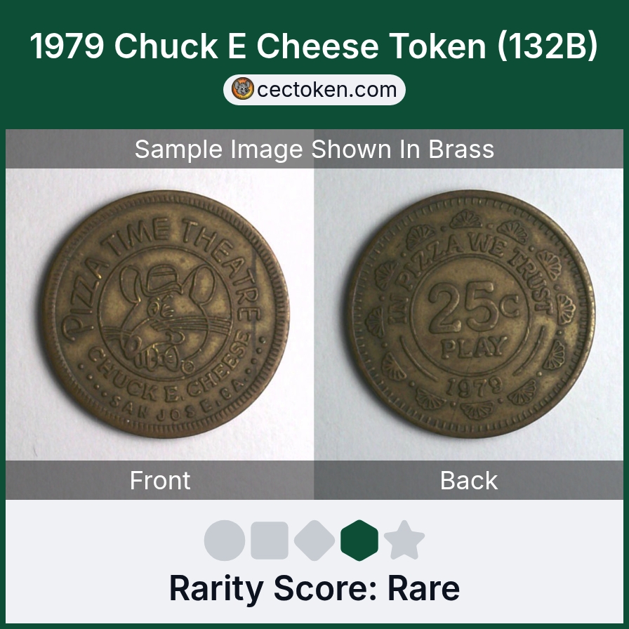 Chuck E. Cheese 132B 1979 Chuck E Cheese Token (132B) — sample listing image