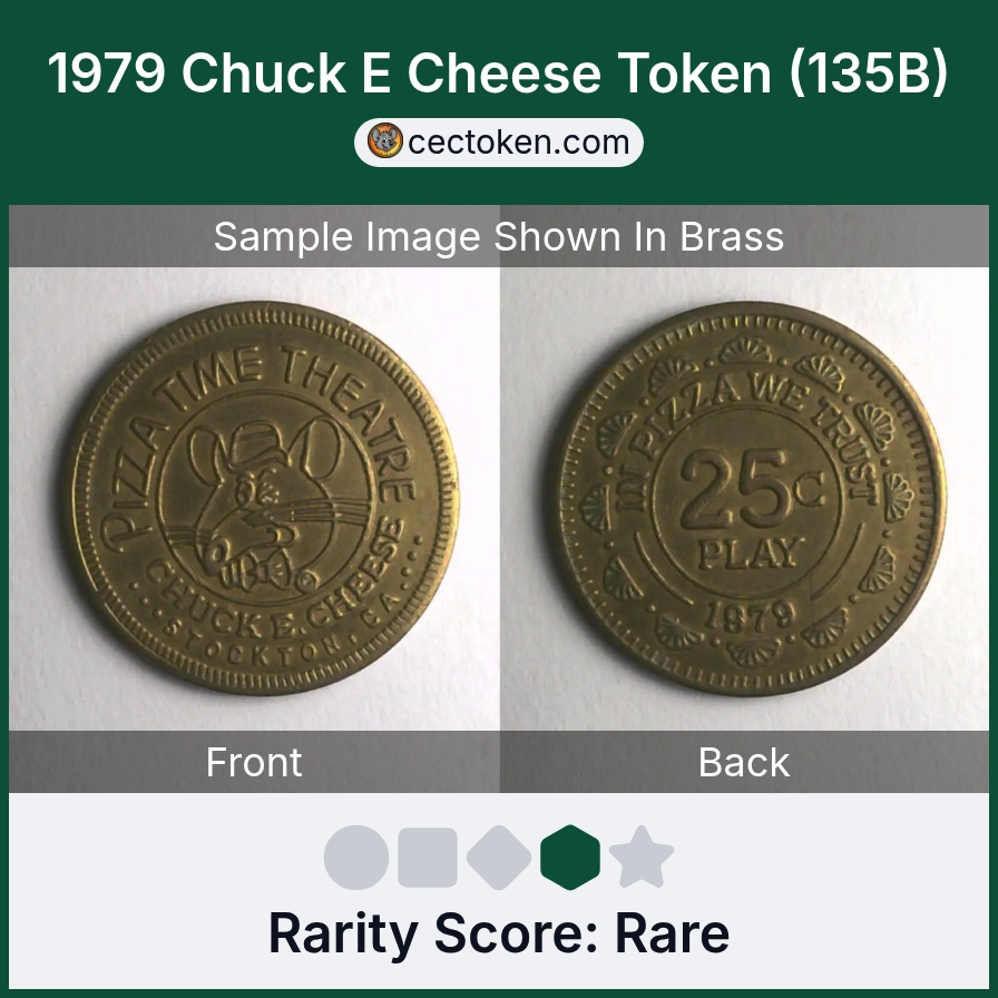 Chuck E. Cheese 135B 1979 Chuck E Cheese Token (135B) — sample listing image