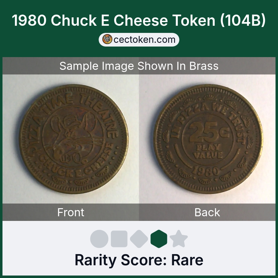 Chuck E. Cheese 104B 1980 Chuck E Cheese Token (104B) — sample listing image