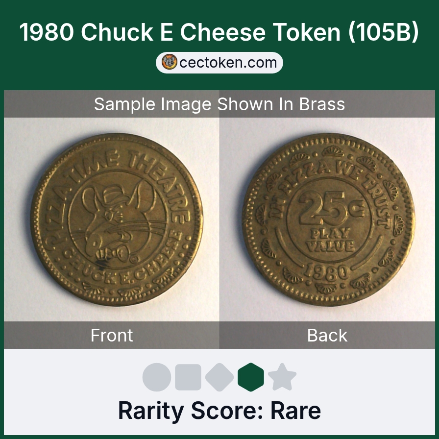 Chuck E. Cheese 105B 1980 Chuck E Cheese Token (105B) — sample listing image