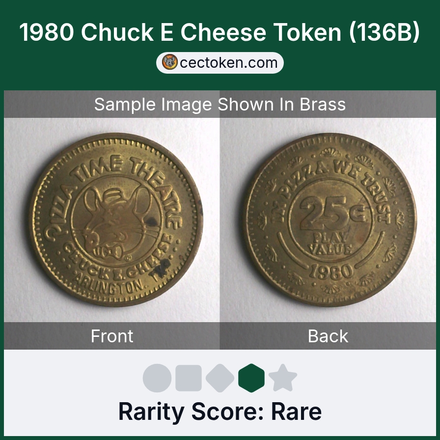 Chuck E. Cheese 136B 1980 Chuck E Cheese Token (136B) — sample listing image