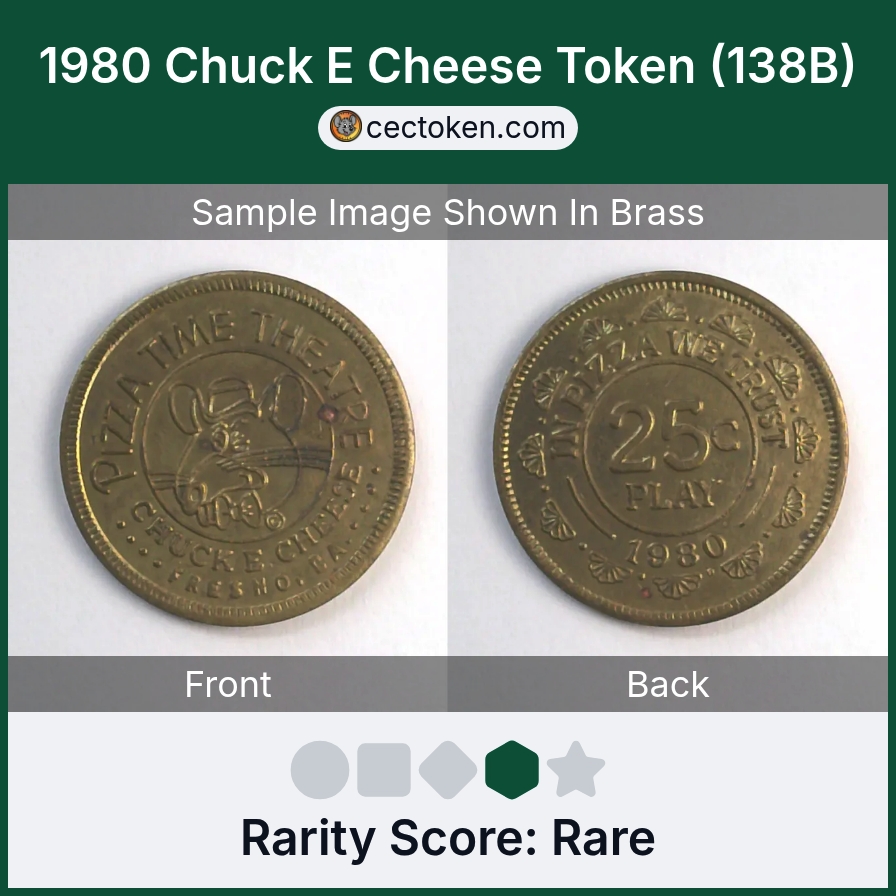 Chuck E. Cheese 138B 1980 Chuck E Cheese Token (138B) — sample listing image