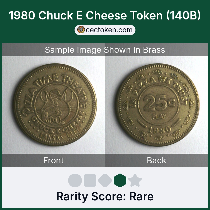 Chuck E. Cheese 140B 1980 Chuck E Cheese Token (140B) — sample listing image