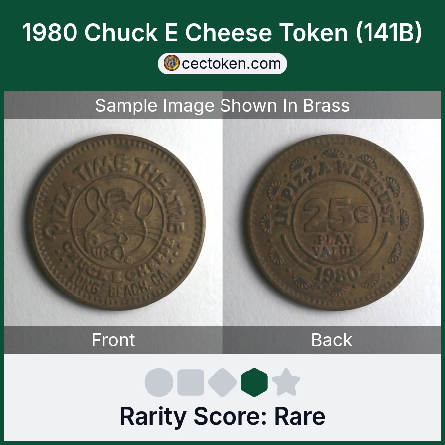 Chuck E. Cheese 141B 1980 Chuck E Cheese Token (141B) — sample listing image