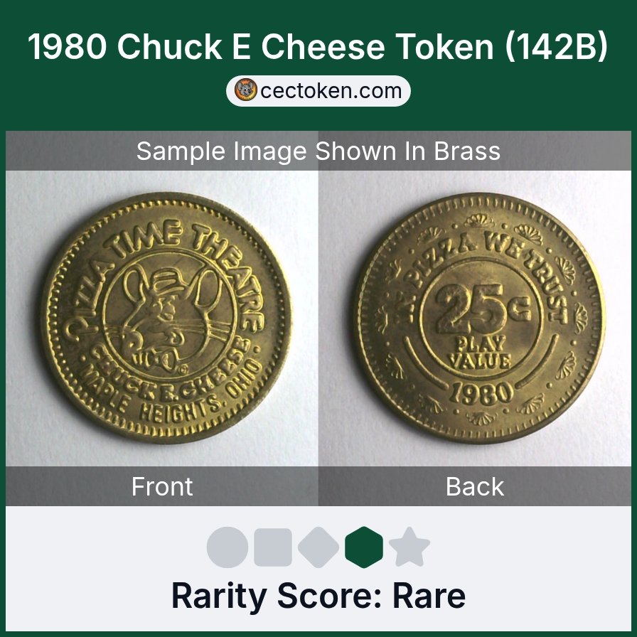 Chuck E. Cheese 142B 1980 Chuck E Cheese Token (142B) — sample listing image