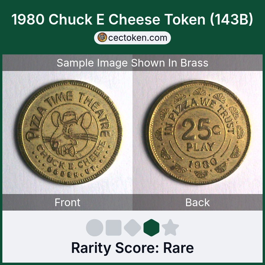 Chuck E. Cheese 143B 1980 Chuck E Cheese Token (143B) — sample listing image