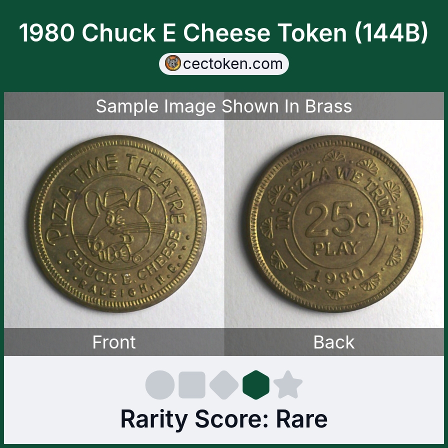 Chuck E. Cheese 144B 1980 Chuck E Cheese Token (144B) — sample listing image