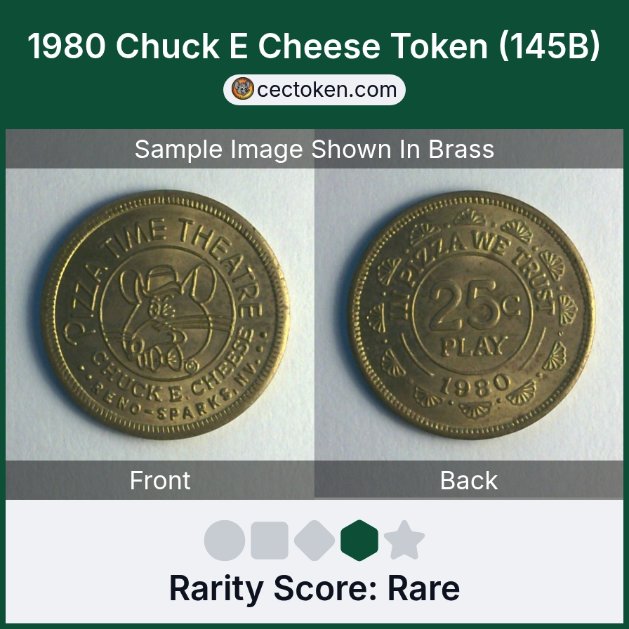 Chuck E. Cheese 145B 1980 Chuck E Cheese Token (145B) — sample listing image