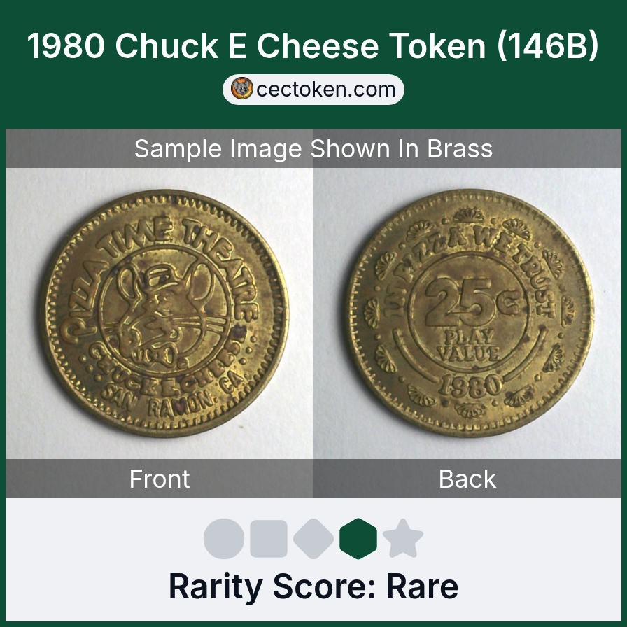 Chuck E. Cheese 146B 1980 Chuck E Cheese Token (146B) — sample listing image