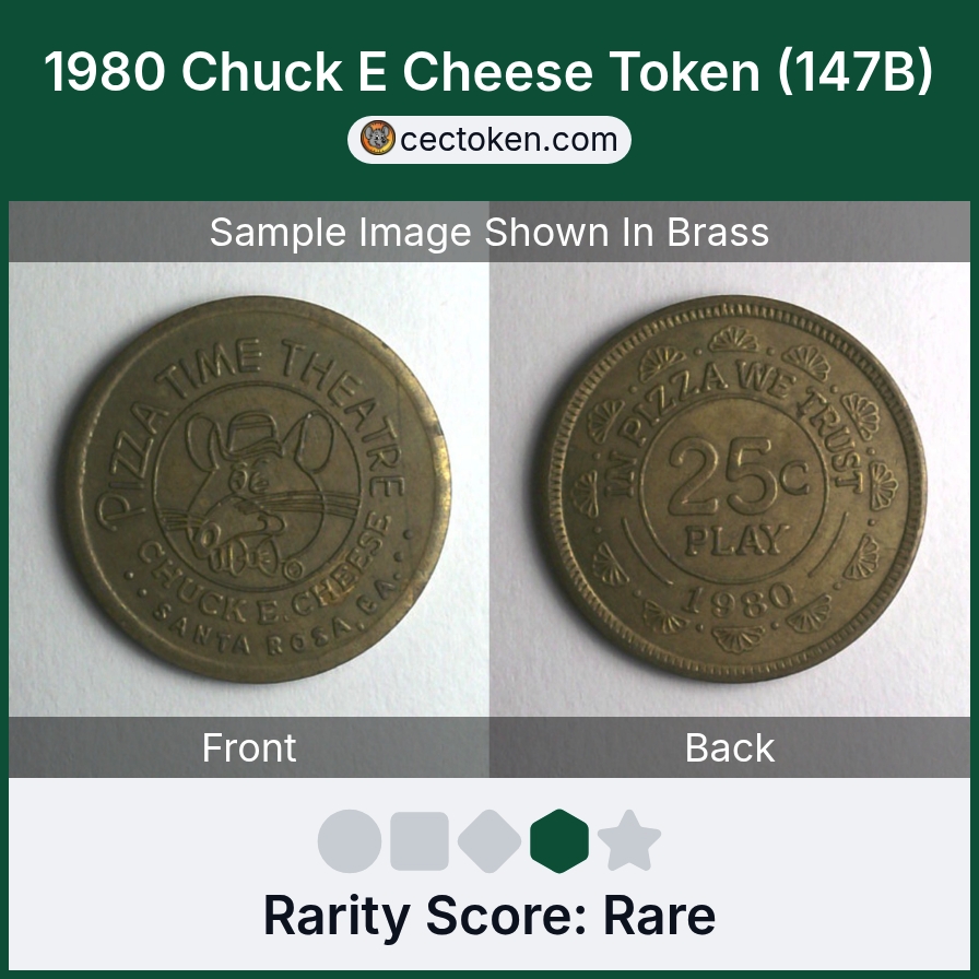 Chuck E. Cheese 147B 1980 Chuck E Cheese Token (147B) — sample listing image