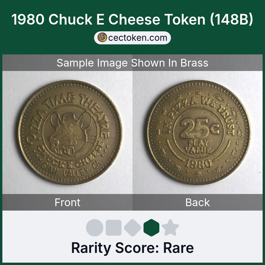 Chuck E. Cheese 148B 1980 Chuck E Cheese Token (148B) — sample listing image
