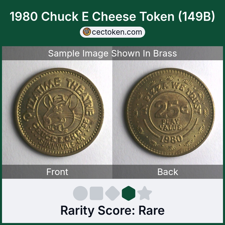 Chuck E. Cheese 149B 1980 Chuck E Cheese Token (149B) — sample listing image