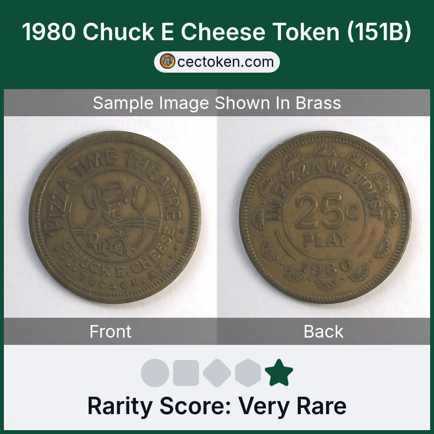 Chuck E. Cheese 151B 1980 Chuck E Cheese Token (151B) — sample listing image