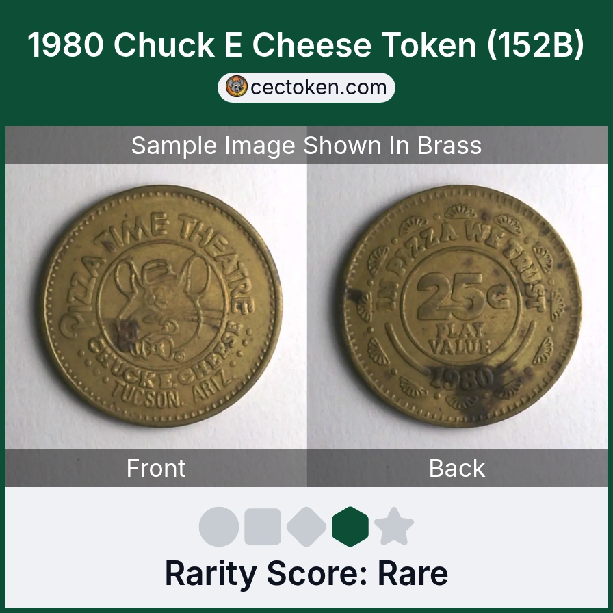 Chuck E. Cheese 152B 1980 Chuck E Cheese Token (152B) — sample listing image