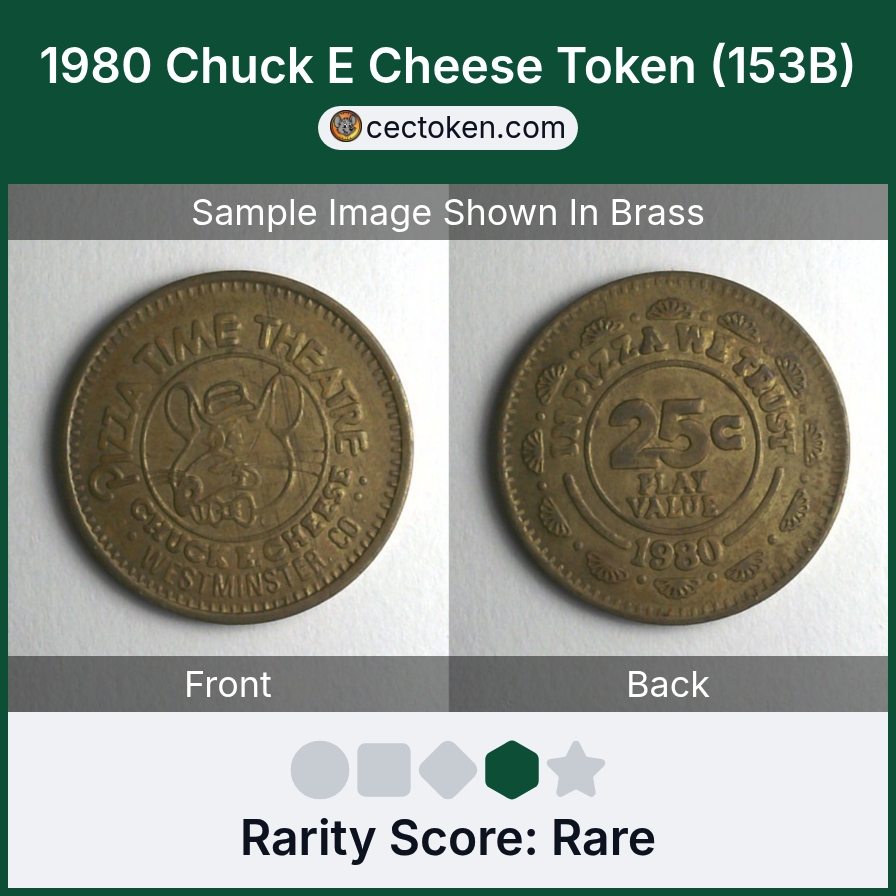 Chuck E. Cheese 153B 1980 Chuck E Cheese Token (153B) — sample listing image