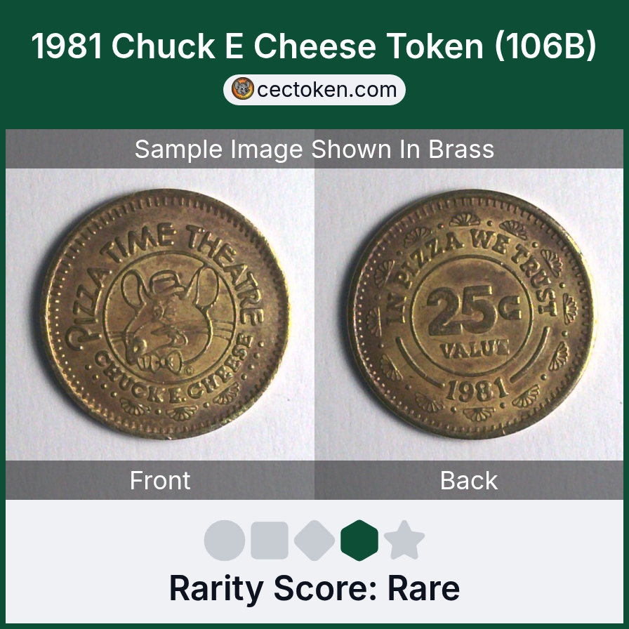 Chuck E. Cheese 106B 1981 Chuck E Cheese Token (106B) — sample listing image