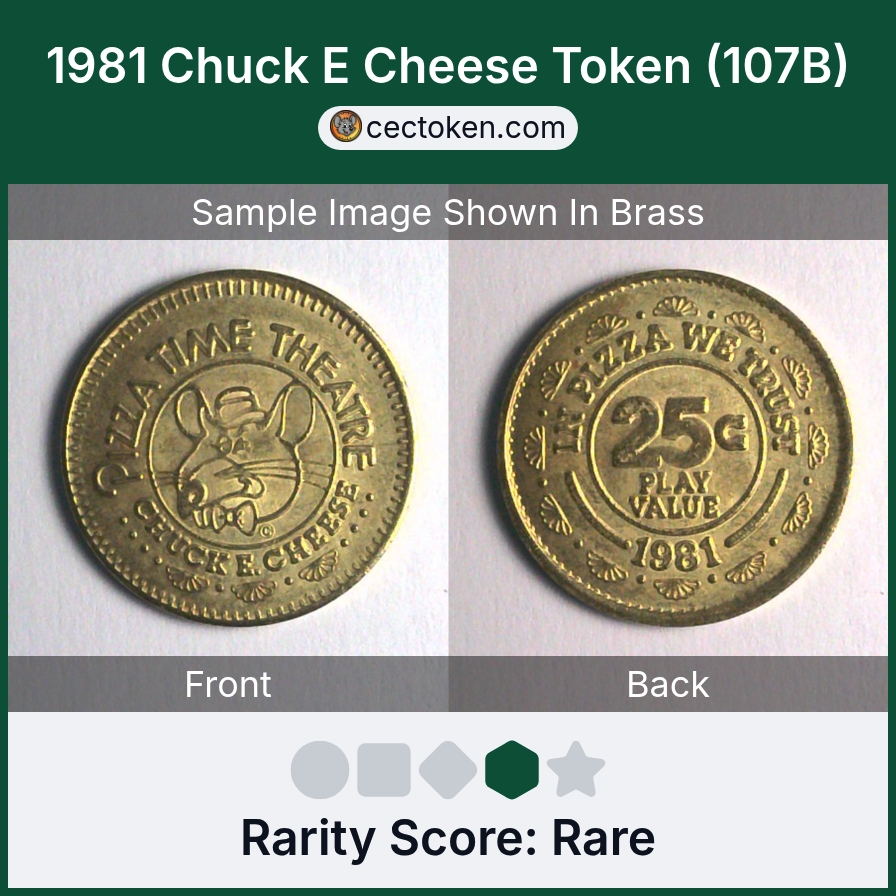 Chuck E. Cheese 107B 1981 Chuck E Cheese Token (107B) — sample listing image