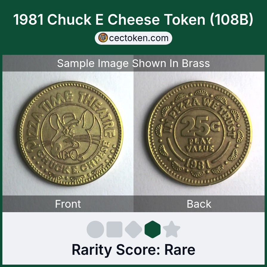 Chuck E. Cheese 108B 1981 Chuck E Cheese Token (108B) — sample listing image